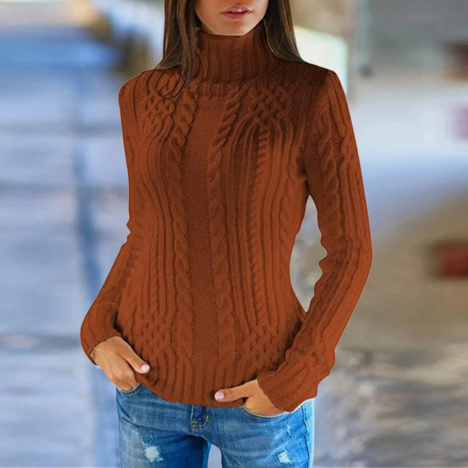 Women's Turtleneck Knit Pullover Long Sleeve Casual Oversized Sweater Tops Womens Fall Tops Ribbed Knit Sweater