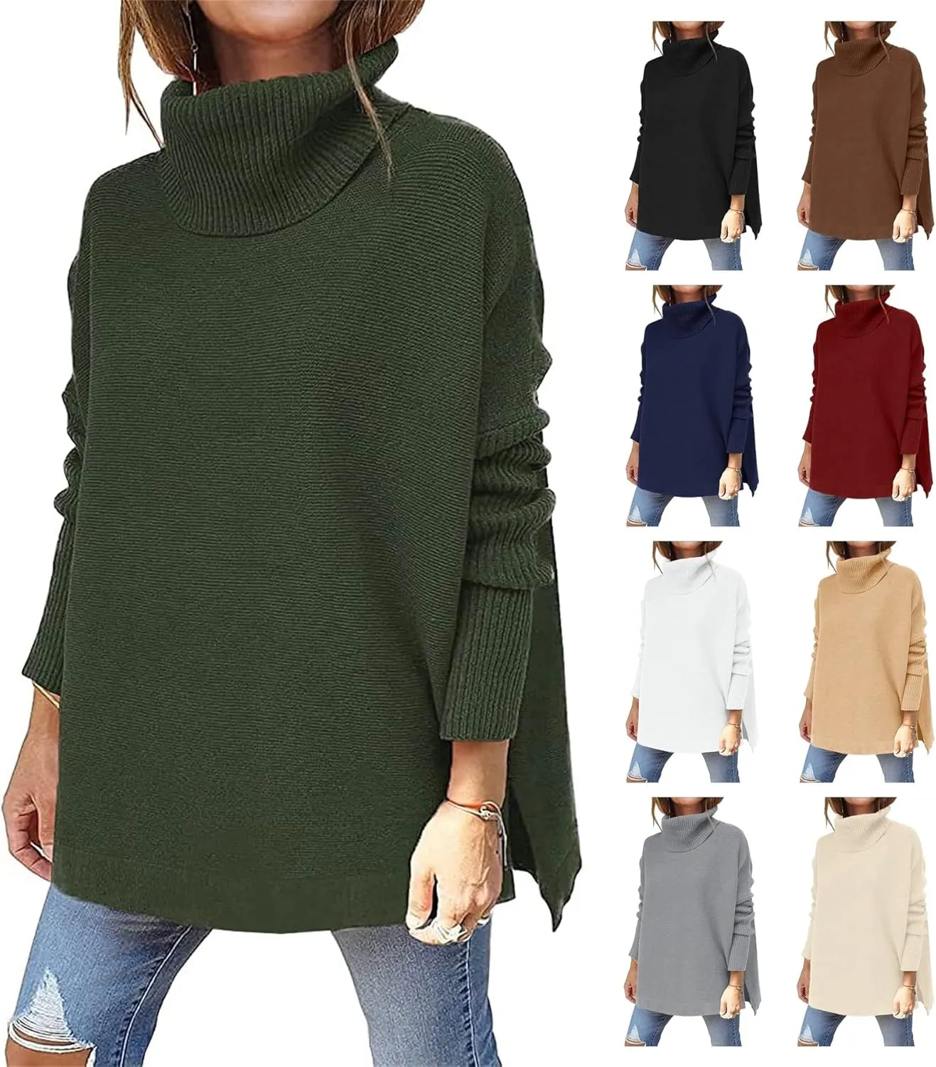 Womens Turtleneck Oversized Sweaters Long Sleeve Tops Spilt Hem Tunic Pullover Sweater Fashion Fall 2024 Knit Tops