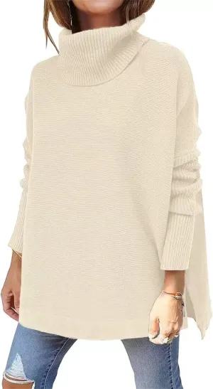 Womens Turtleneck Oversized Sweaters Long Sleeve Tops Spilt Hem Tunic Pullover Sweater Fashion Fall 2024 Knit Tops