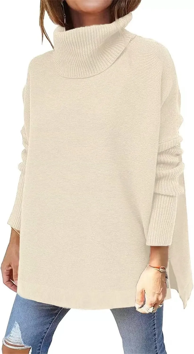 Womens Turtleneck Oversized Sweaters Long Sleeve Tops Spilt Hem Tunic Pullover Sweater Fashion Fall 2024 Knit Tops