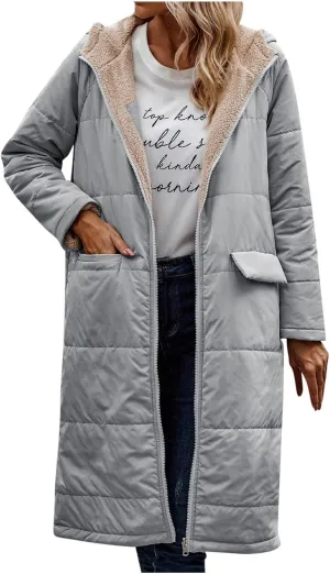 Womens Warm Winter Coats Sherpa Fleece Lined Hooded Jackets with Pockets Plush Reversible Long Overcoat