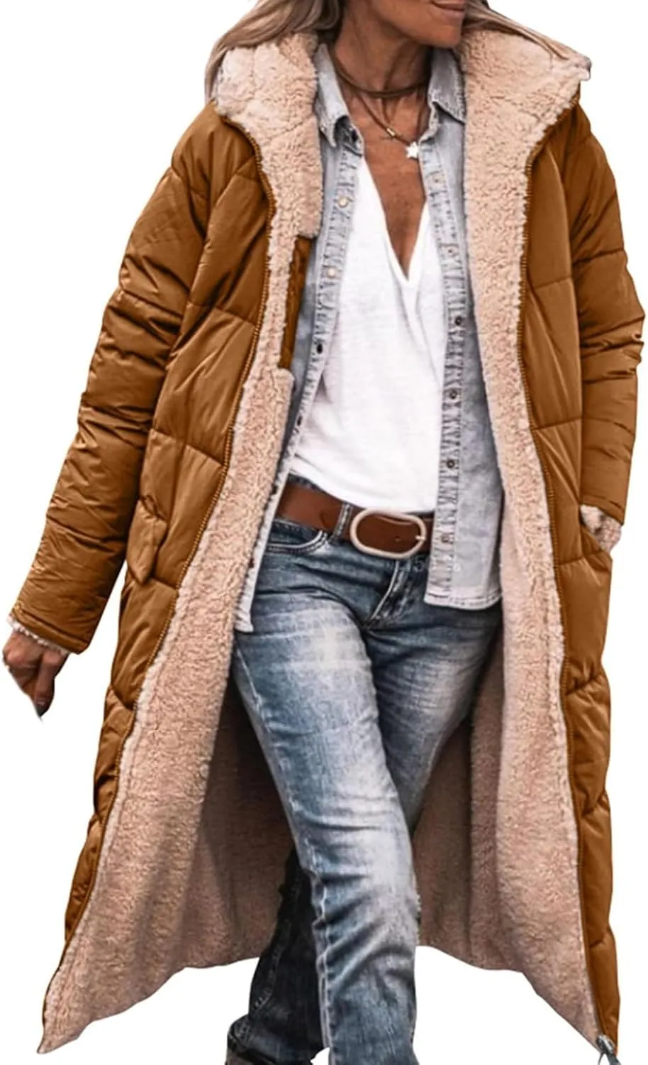 Womens Warm Winter Coats Sherpa Fleece Lined Hooded Jackets with Pockets Plush Reversible Long Overcoat