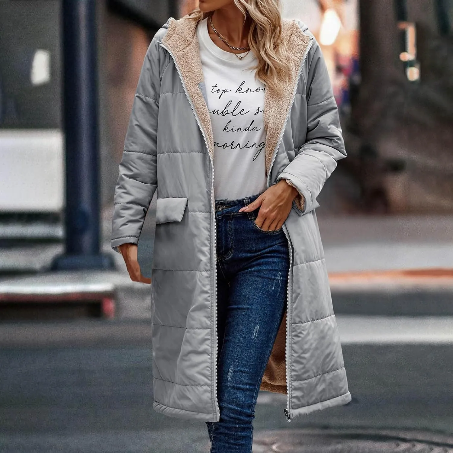 Womens Warm Winter Coats Sherpa Fleece Lined Hooded Jackets with Pockets Plush Reversible Long Overcoat