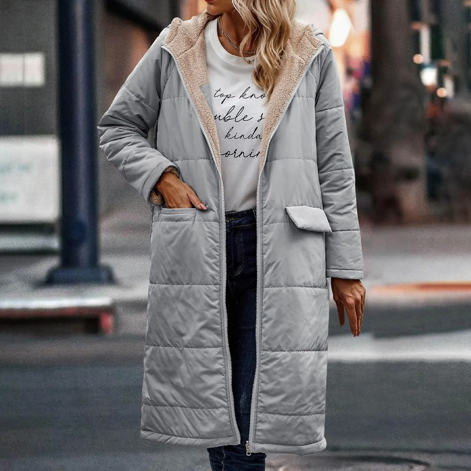 Womens Warm Winter Coats Sherpa Fleece Lined Hooded Jackets with Pockets Plush Reversible Long Overcoat