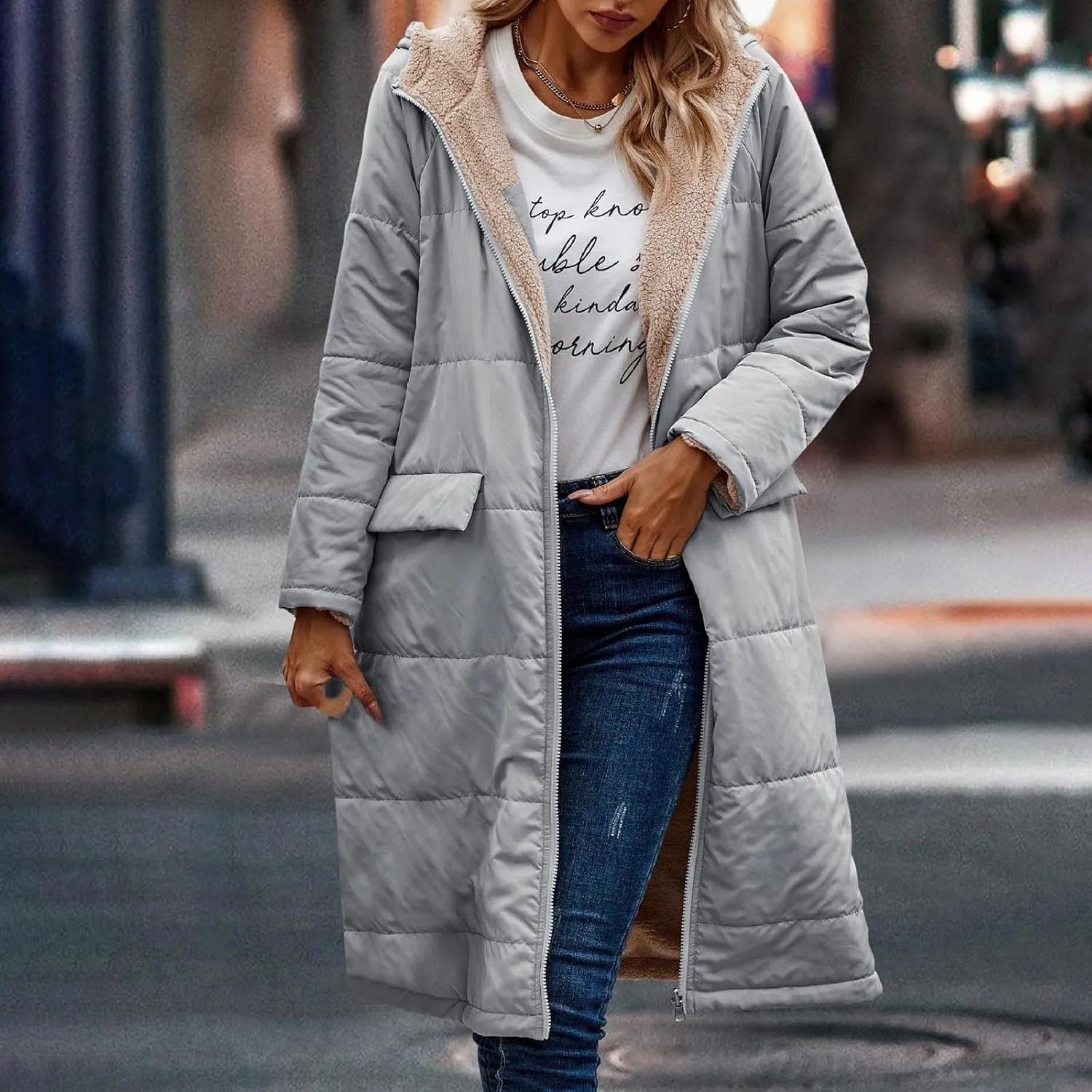 Womens Warm Winter Coats Sherpa Fleece Lined Hooded Jackets with Pockets Plush Reversible Long Overcoat