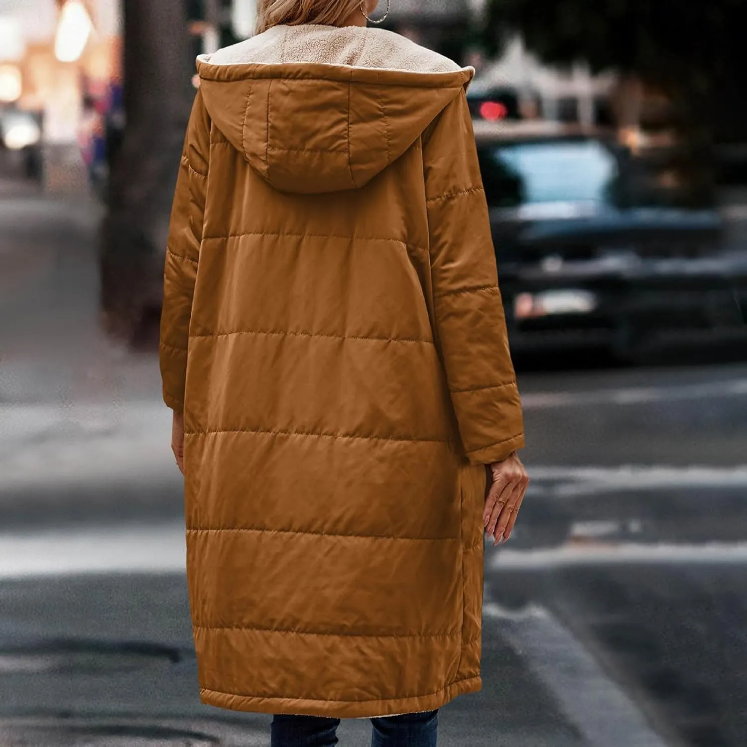 Womens Warm Winter Coats Sherpa Fleece Lined Hooded Jackets with Pockets Plush Reversible Long Overcoat