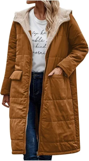 Womens Warm Winter Coats Sherpa Fleece Lined Hooded Jackets with Pockets Plush Reversible Long Overcoat