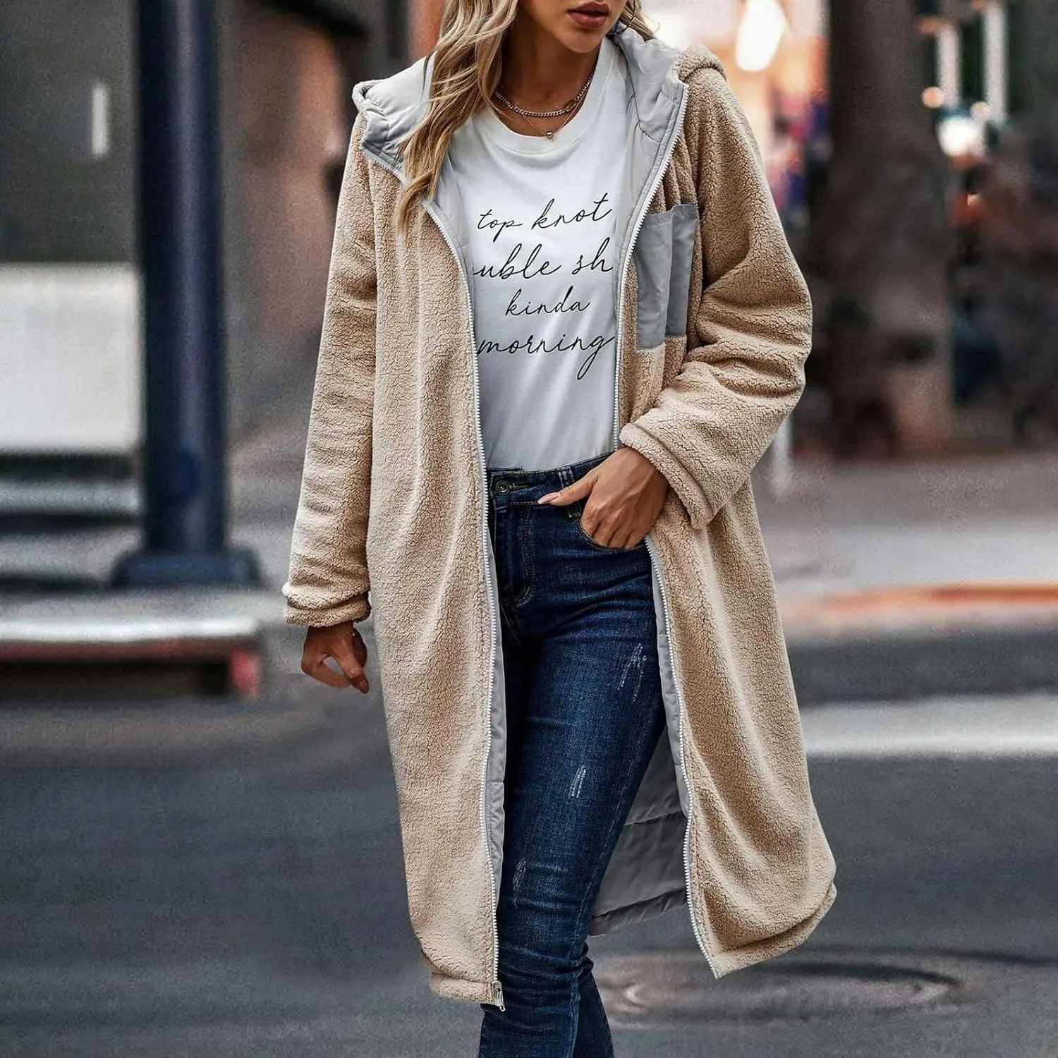 Womens Warm Winter Coats Sherpa Fleece Lined Hooded Jackets with Pockets Plush Reversible Long Overcoat