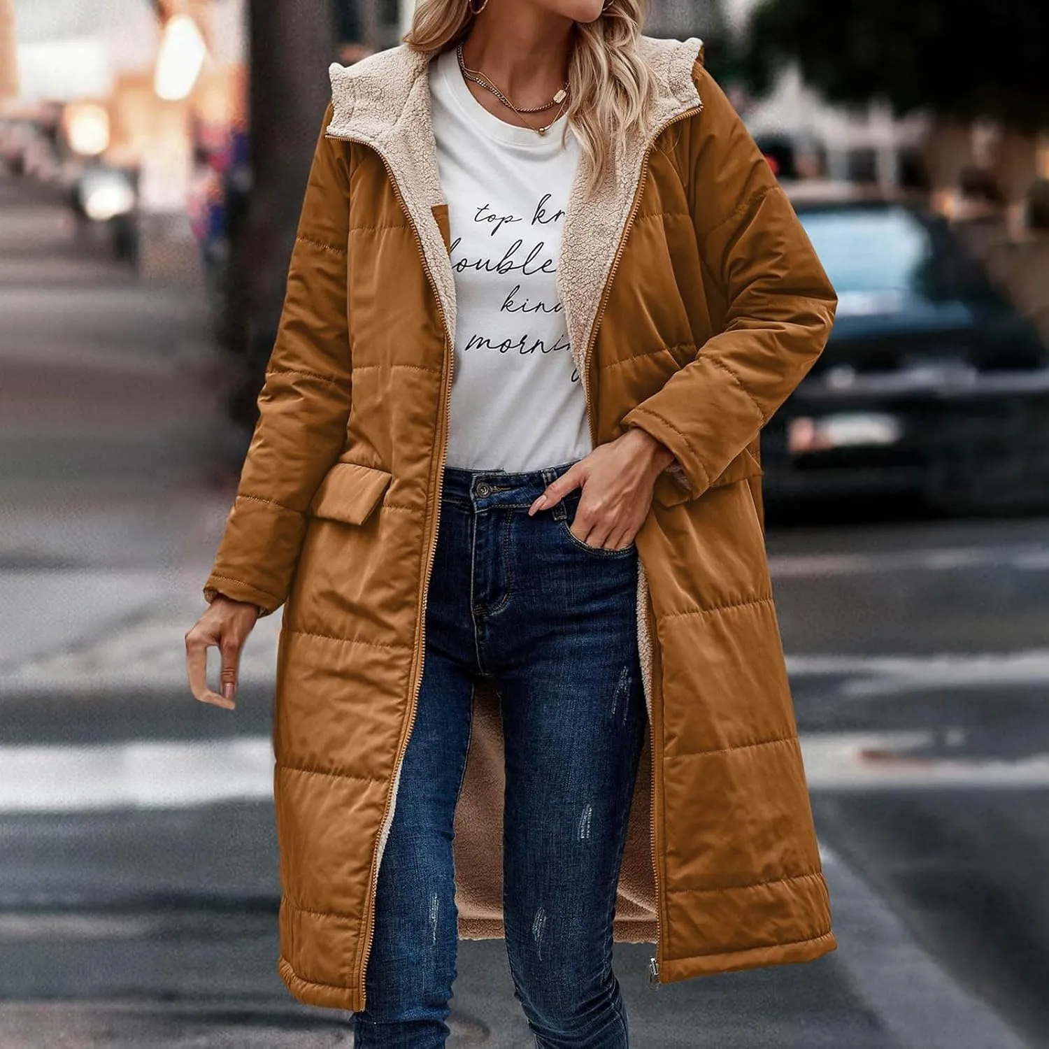 Womens Warm Winter Coats Sherpa Fleece Lined Hooded Jackets with Pockets Plush Reversible Long Overcoat