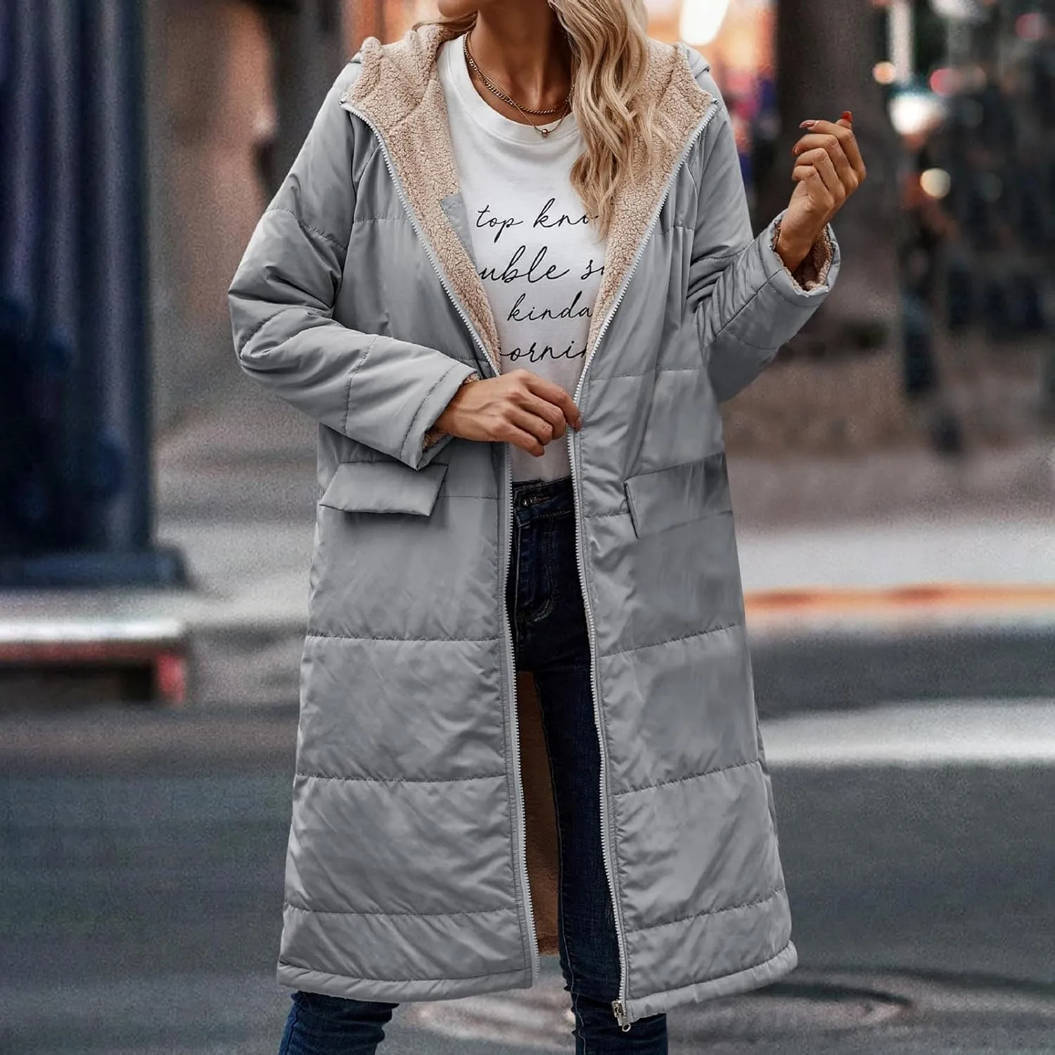 Womens Warm Winter Coats Sherpa Fleece Lined Hooded Jackets with Pockets Plush Reversible Long Overcoat