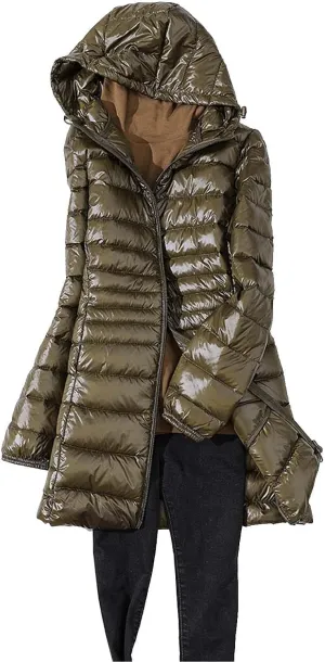 Women's Warm Winter Glossy Down Jacket Ultralight Long Down Outerwear Puffer Jacket Hooded Coat Thicken Padded with Hood