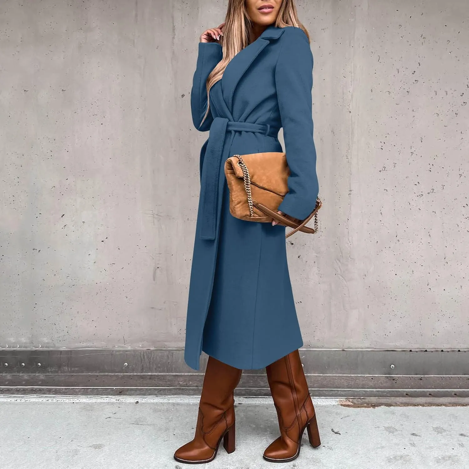 Womens Winter Belted Coats Notch Long Wrap Trench Coat Open Front Maxi Peacoats Thicken Wool Blend Winter Outerwear