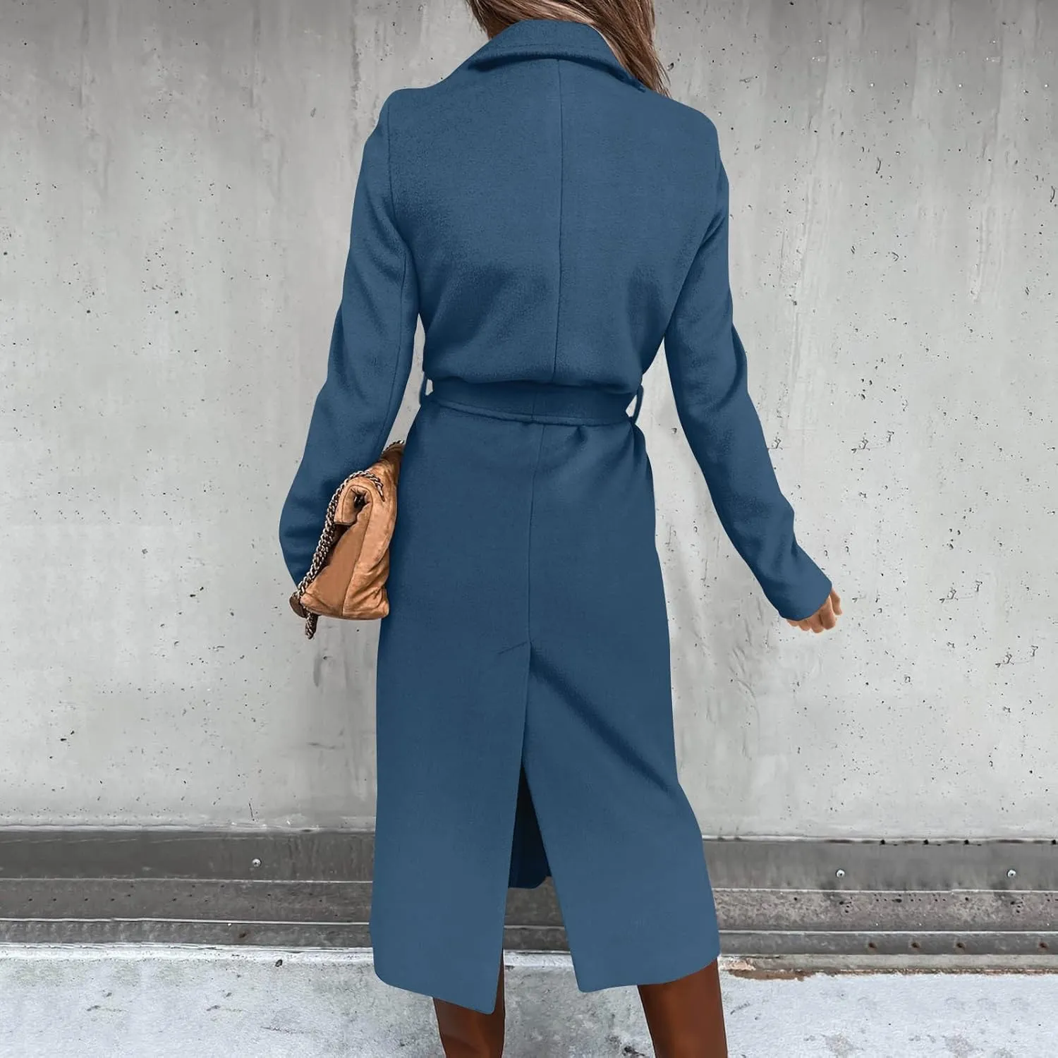 Womens Winter Belted Coats Notch Long Wrap Trench Coat Open Front Maxi Peacoats Thicken Wool Blend Winter Outerwear