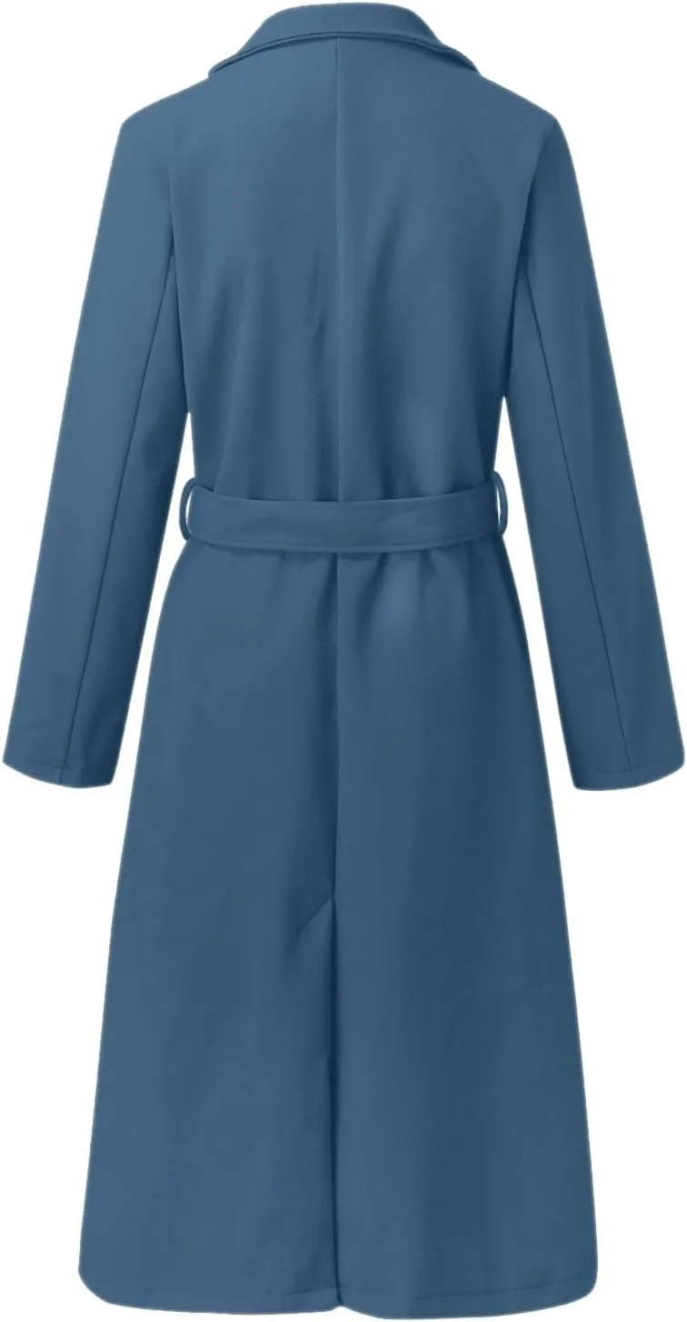 Womens Winter Belted Coats Notch Long Wrap Trench Coat Open Front Maxi Peacoats Thicken Wool Blend Winter Outerwear