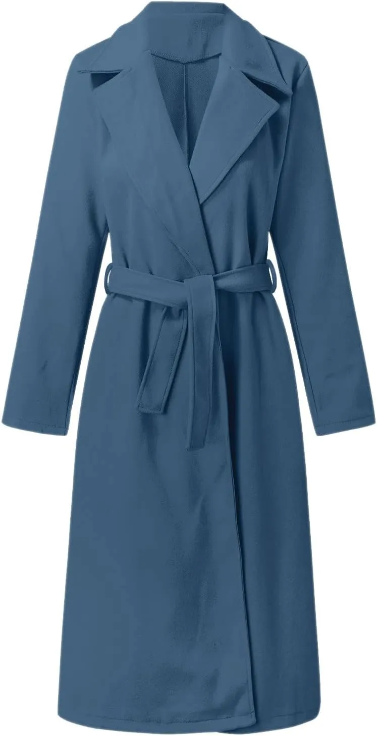 Womens Winter Belted Coats Notch Long Wrap Trench Coat Open Front Maxi Peacoats Thicken Wool Blend Winter Outerwear