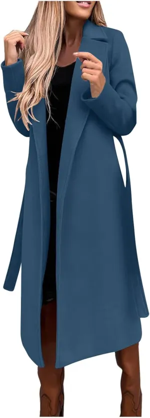 Womens Winter Belted Coats Notch Long Wrap Trench Coat Open Front Maxi Peacoats Thicken Wool Blend Winter Outerwear