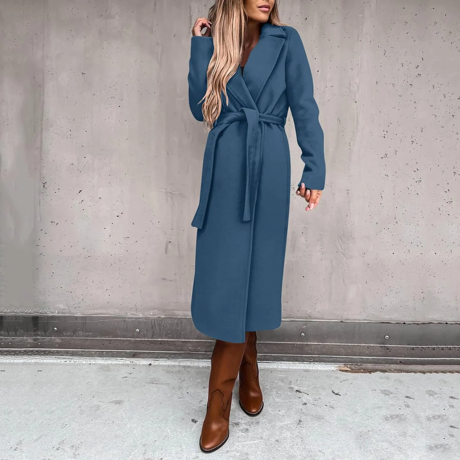 Womens Winter Belted Coats Notch Long Wrap Trench Coat Open Front Maxi Peacoats Thicken Wool Blend Winter Outerwear