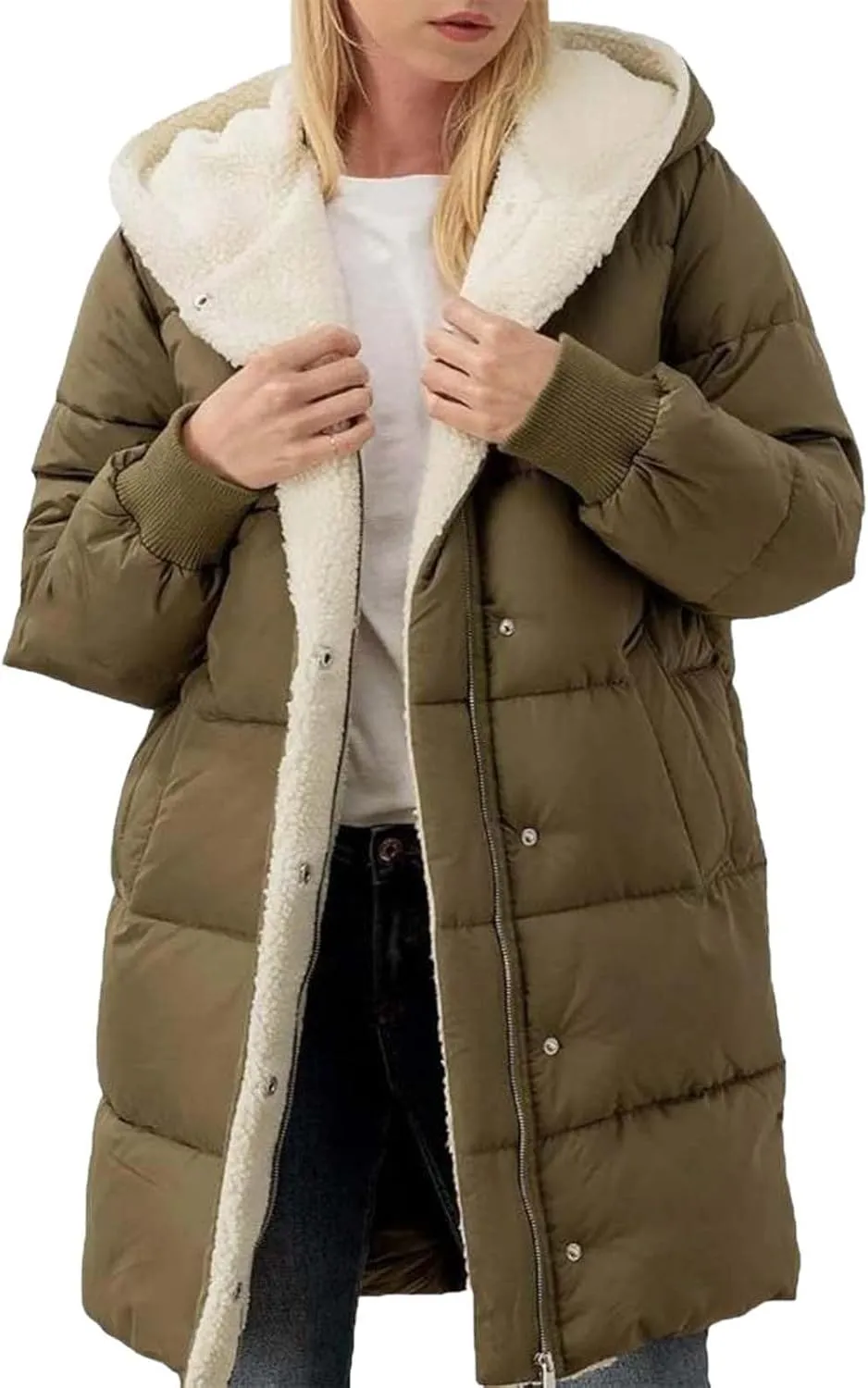 Women's Winter Casual Quilted Jackets Oversized Shearling Fleece Hooded Fleece Jacket Fall Fashion Open Front Coats