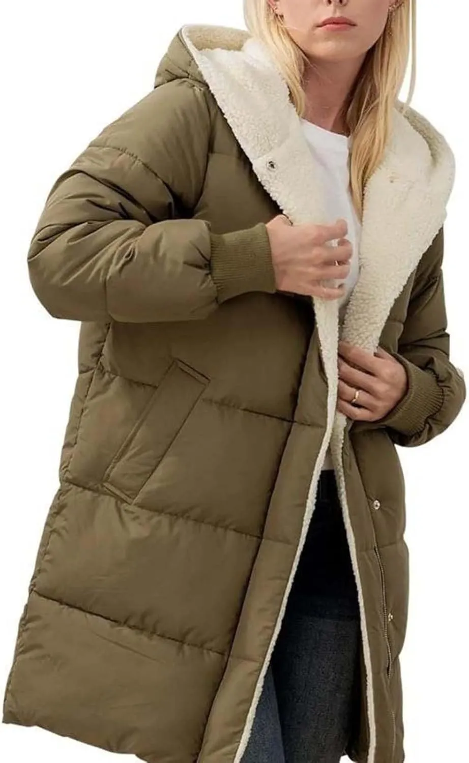 Women's Winter Casual Quilted Jackets Oversized Shearling Fleece Hooded Fleece Jacket Fall Fashion Open Front Coats