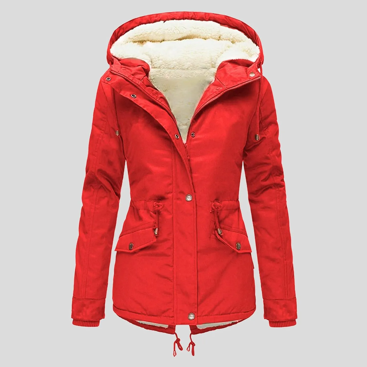 Womens Winter Casual Warm Slim Fleece Coat Long Sleeve Pocket Outwear Thick Solid Button Overcoat Daily Outdoor Clothes