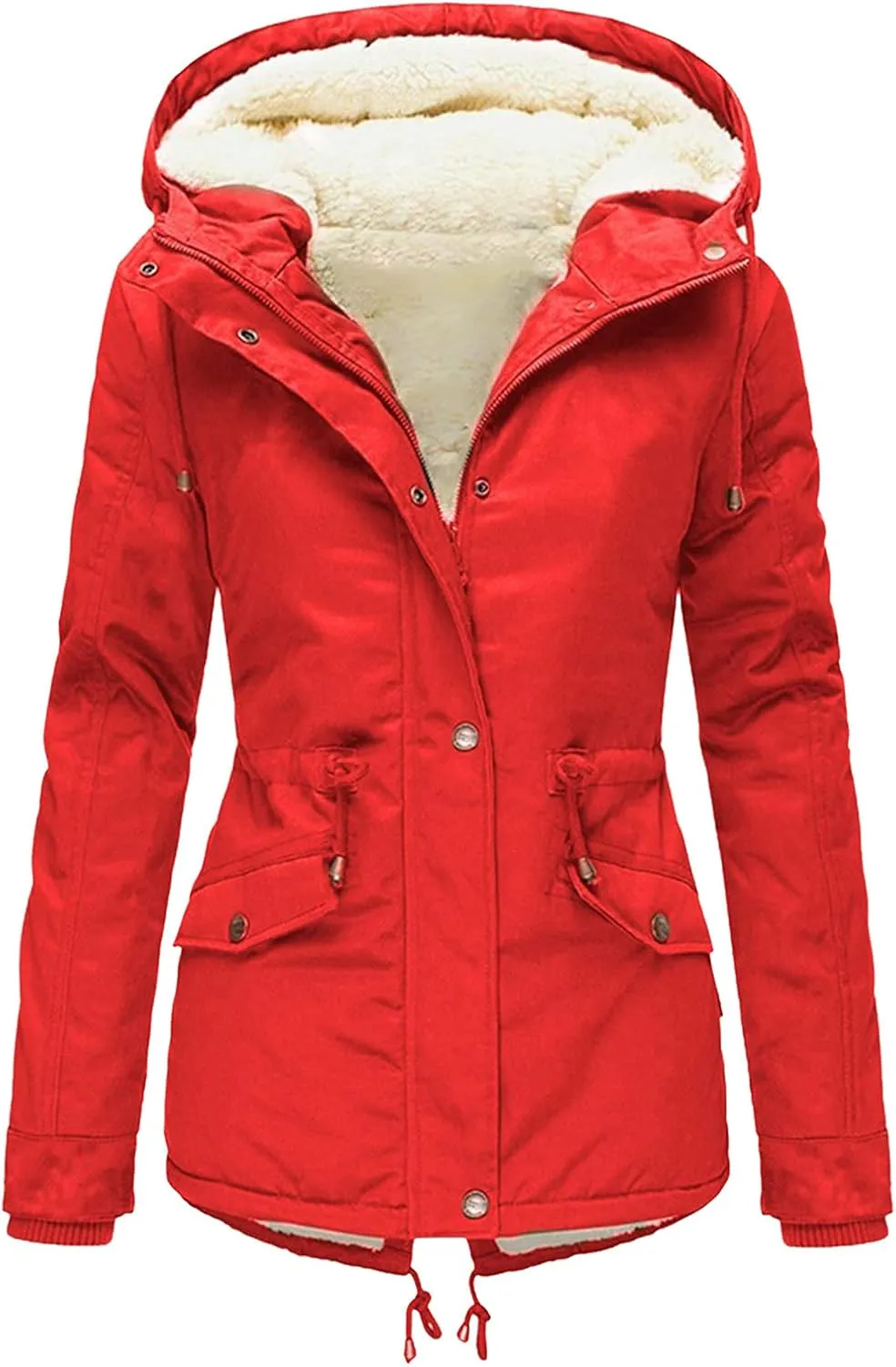 Womens Winter Casual Warm Slim Fleece Coat Long Sleeve Pocket Outwear Thick Solid Button Overcoat Daily Outdoor Clothes