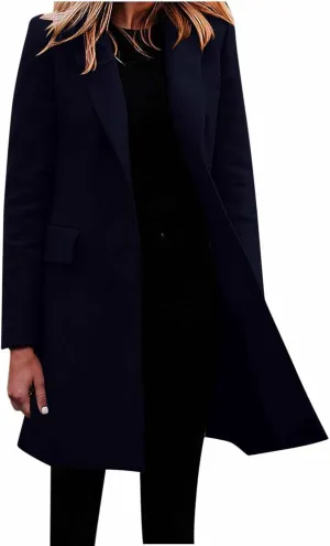 Womens Winter Coats Casual Notched Collar Single Breasted Mid-Long Trench Coats Formal Work Office Overcoat Wool Coats