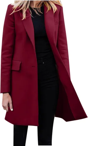 Womens Winter Coats Casual Notched Collar Single Breasted Mid-Long Trench Coats Formal Work Office Overcoat Wool Coats