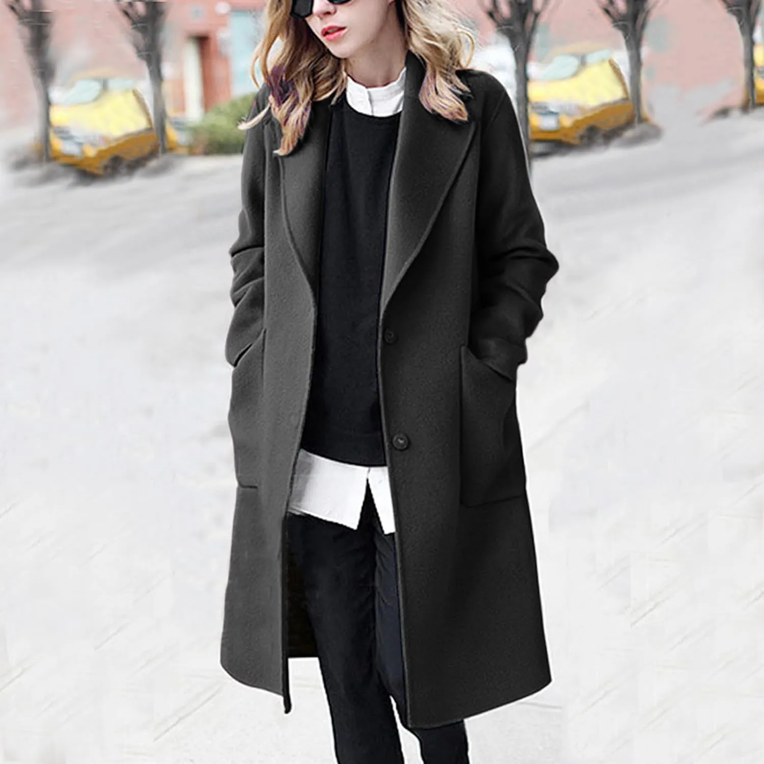 Womens Winter Coats Casual Notched Collar Single Breasted Mid-Long Trench Coats Formal Work Office Overcoat Wool Coats