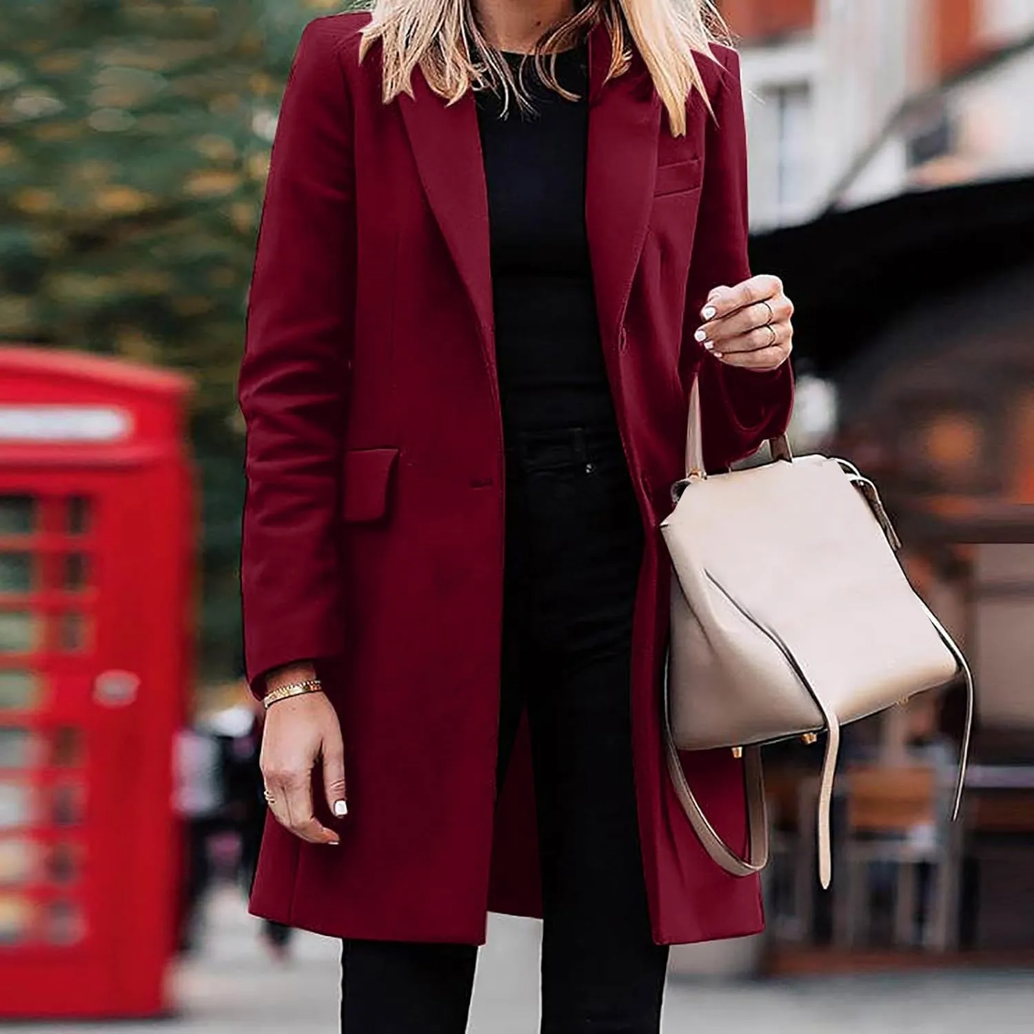 Womens Winter Coats Casual Notched Collar Single Breasted Mid-Long Trench Coats Formal Work Office Overcoat Wool Coats