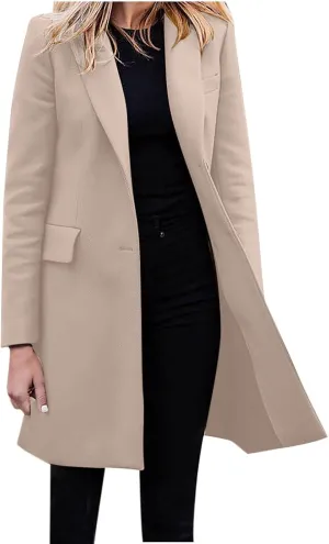 Womens Winter Coats Casual Notched Collar Single Breasted Mid-Long Trench Coats Formal Work Office Overcoat Wool Coats