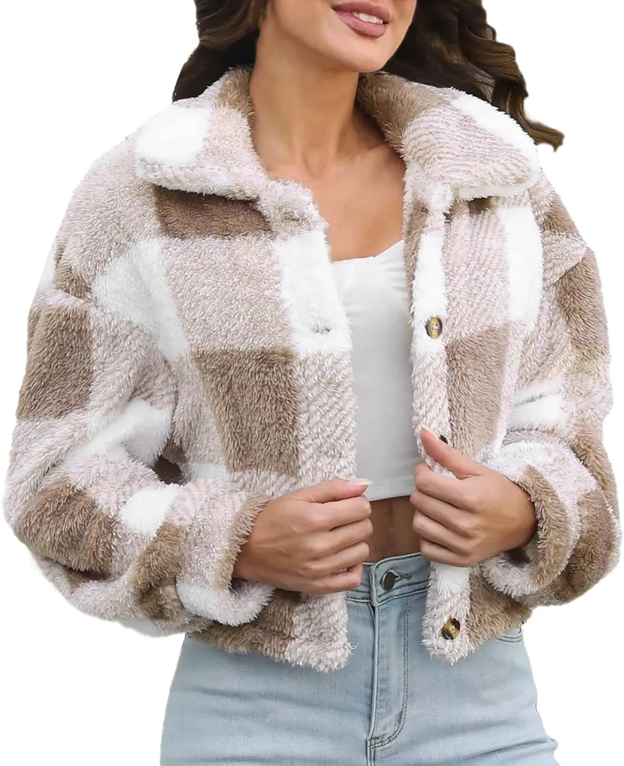 Women's Winter Coats Trendy Fuzzy Fleece Open Front Spring Sherpa Cropped Jacket Warm Plaid Cardigan Casual Outerwear