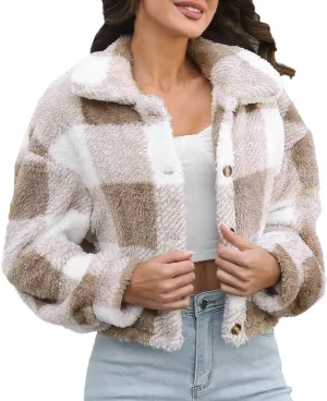 Women's Winter Coats Trendy Fuzzy Fleece Open Front Spring Sherpa Cropped Jacket Warm Plaid Cardigan Casual Outerwear