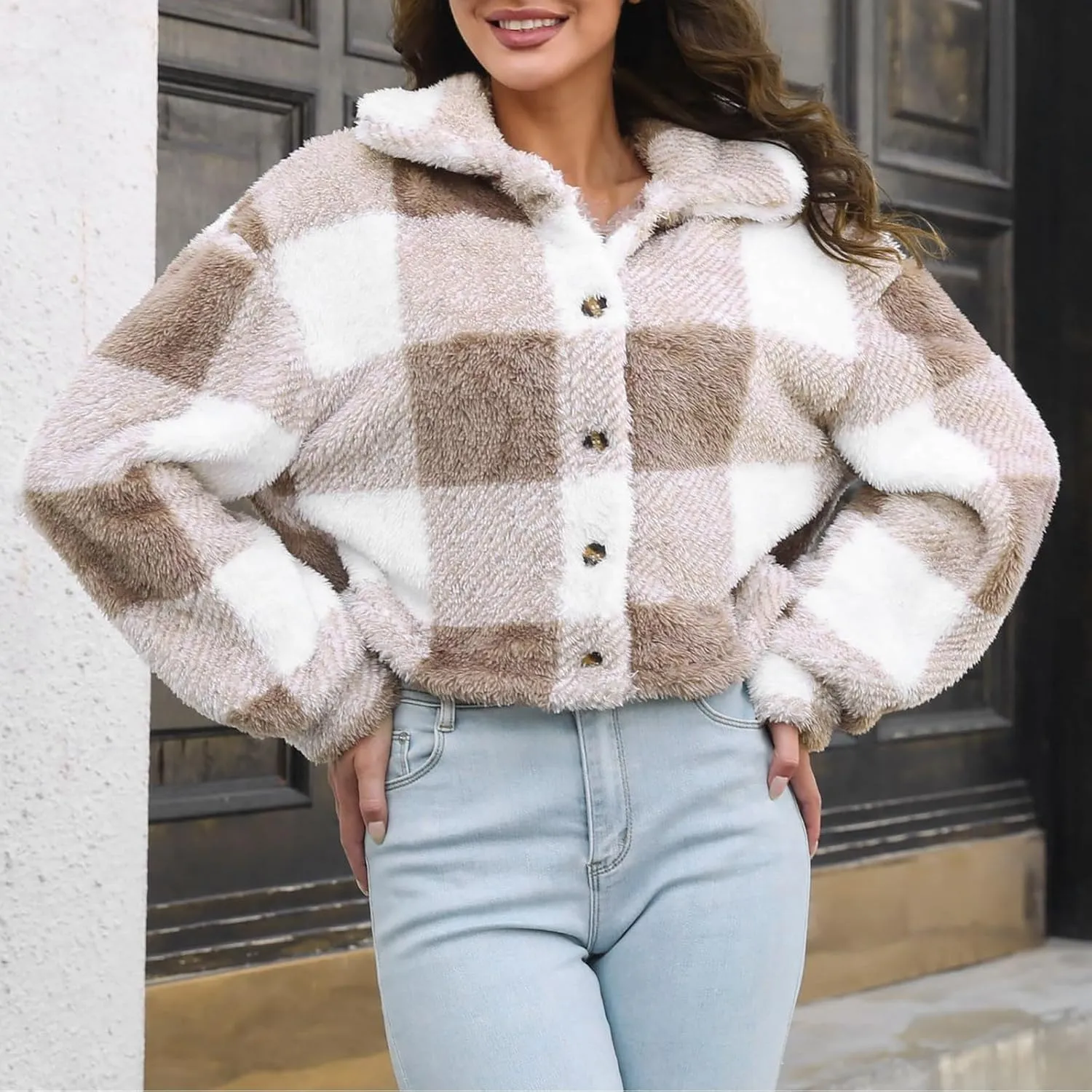 Women's Winter Coats Trendy Fuzzy Fleece Open Front Spring Sherpa Cropped Jacket Warm Plaid Cardigan Casual Outerwear