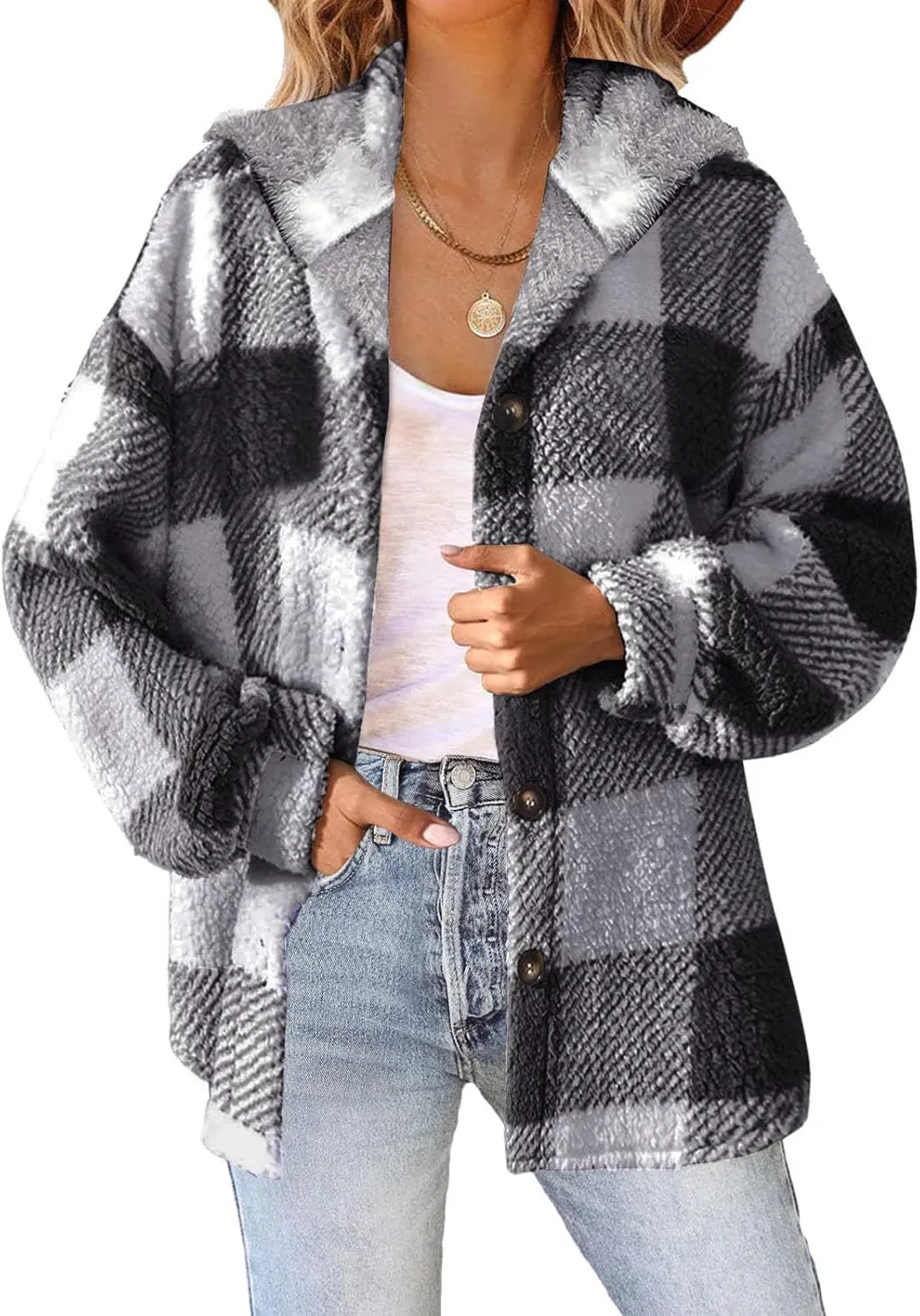 Womens Winter Coats Warm Plush Hooded Jackets Zip Up Button Cardigan Trendy Plaid Fleece Fuzzy Outerwear