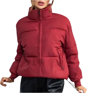 Women's Winter Cropped Puffer Jacket Short Warm Quilted Down Coat Stand Collar Zipper Baggy Outerwear with Pockets