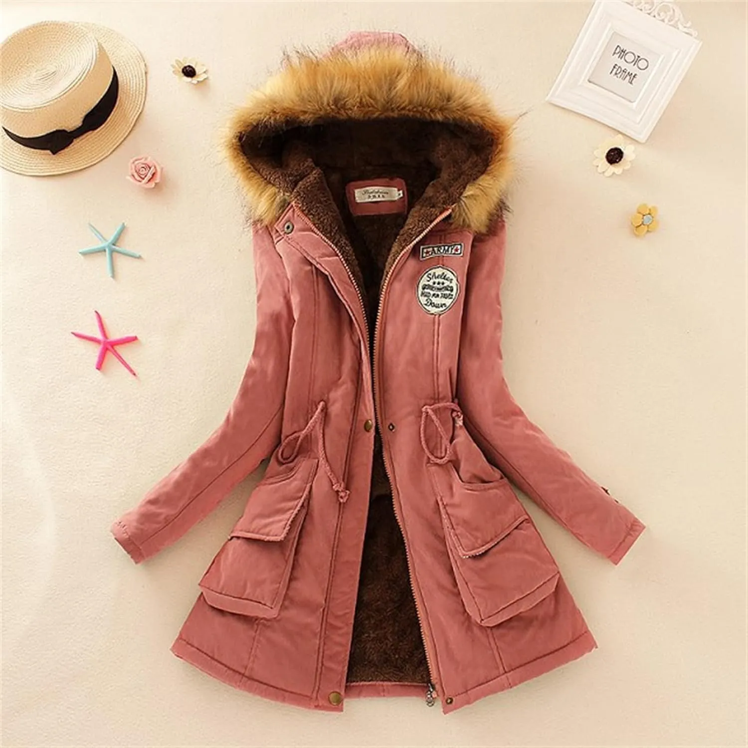 Womens Winter Down Coat Thick Faux Lamb Wool Lined Jacket Windproof Puffer Jacket with Faux Fur Hood