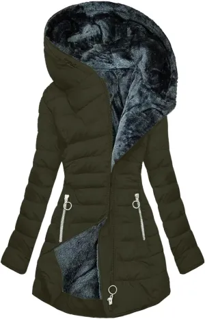 Womens Winter Fleece Lined Coat with Hood Thicken Sherpa Full Zip Long Overcoat Warm Plus Size down Puffer Jacket