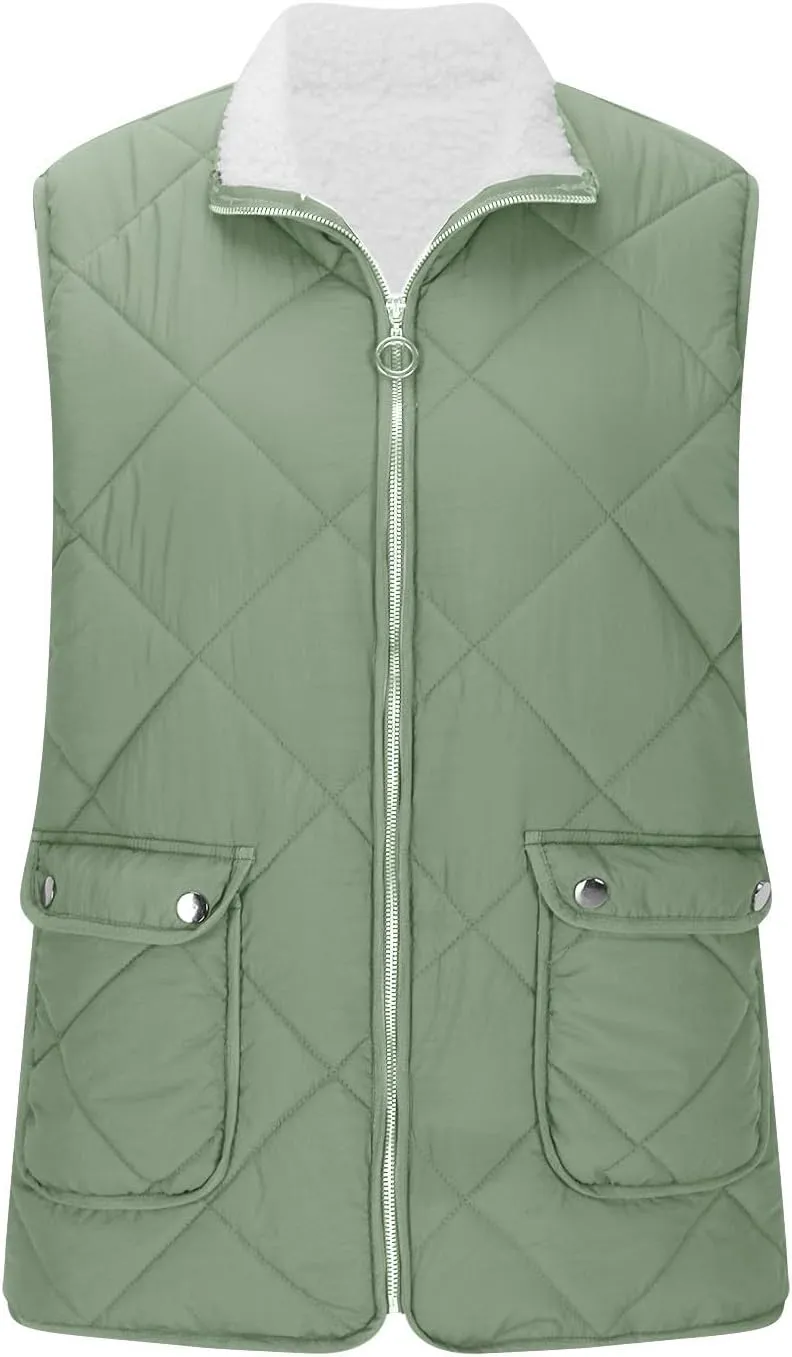 Women's Winter Quilted Vest Sherpa Sherpa Lined Zip Up Puffer Vest Jacket Sleeveless Outerwear Coats with Pockets