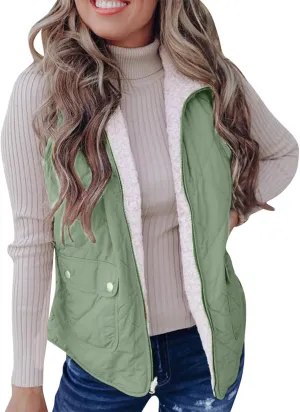 Women's Winter Quilted Vest Sherpa Sherpa Lined Zip Up Puffer Vest Jacket Sleeveless Outerwear Coats with Pockets