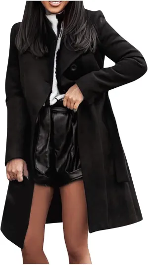 Womens Winter Woolen Cloth Coats Trendy Trench Coat Button Wrap Jacket Long Overcoat Plain Lapel Outwear