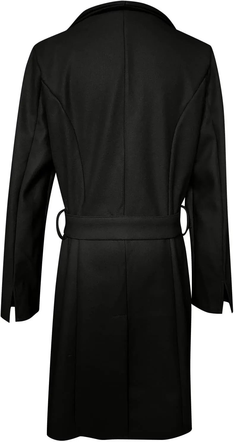 Womens Winter Woolen Cloth Coats Trendy Trench Coat Button Wrap Jacket Long Overcoat Plain Lapel Outwear