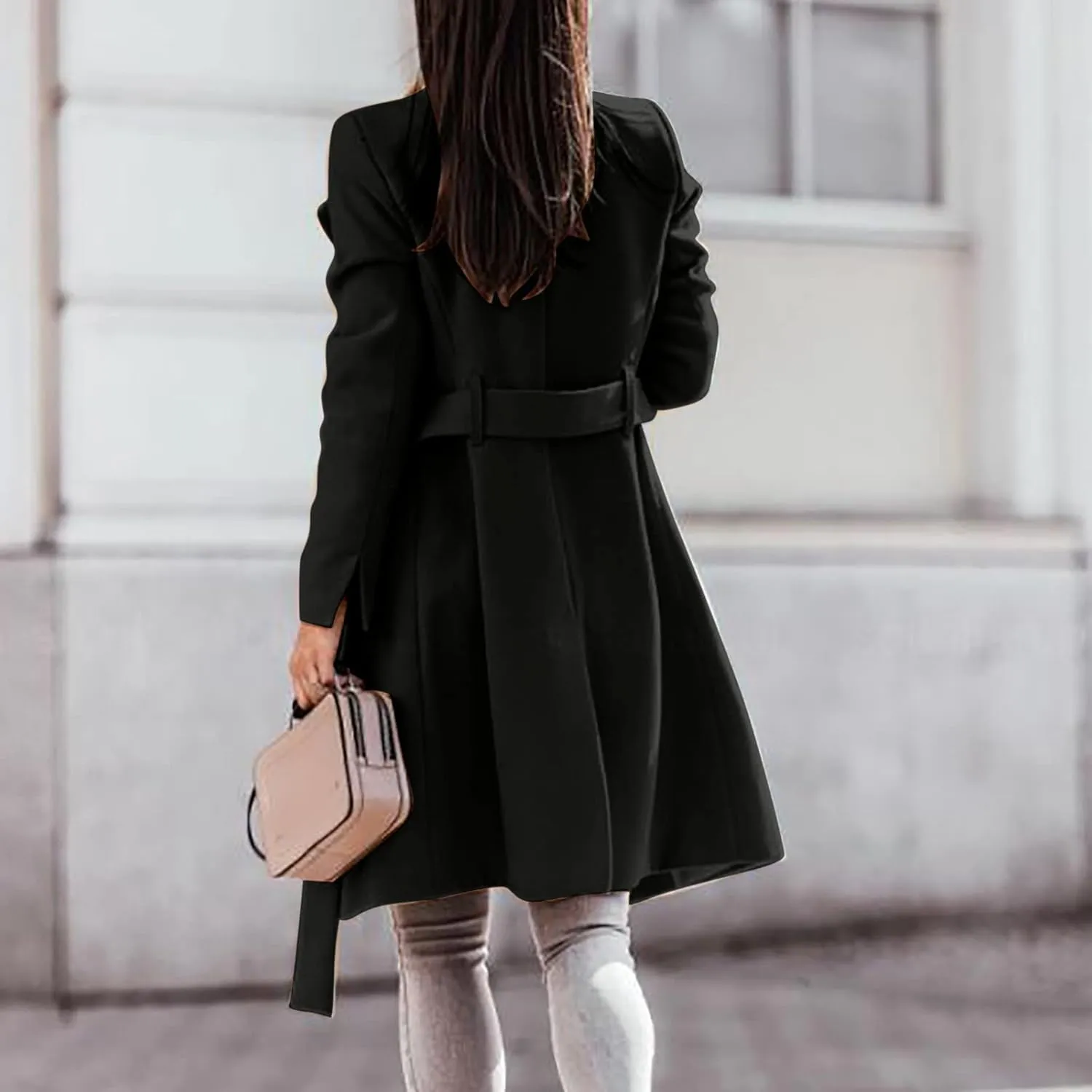 Womens Winter Woolen Cloth Coats Trendy Trench Coat Button Wrap Jacket Long Overcoat Plain Lapel Outwear