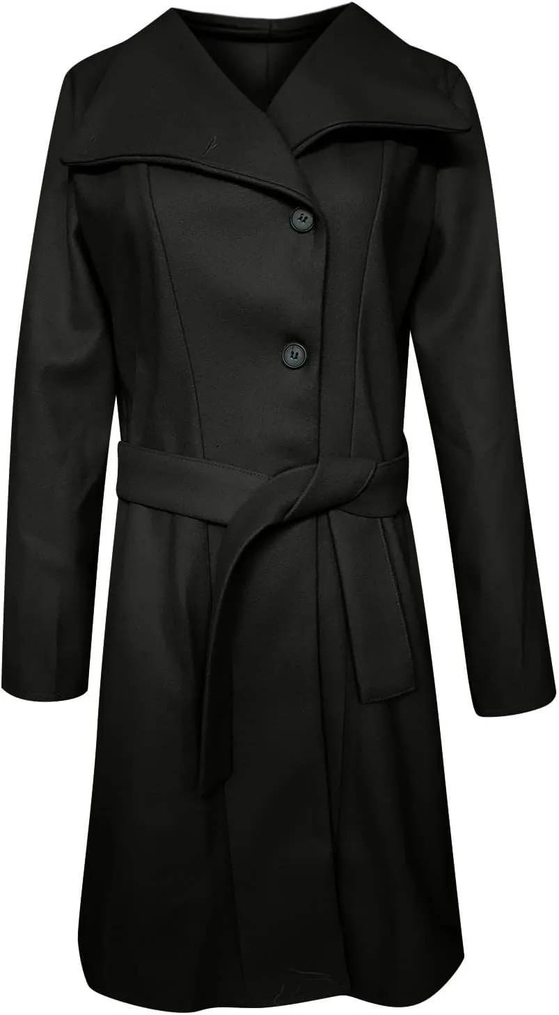 Womens Winter Woolen Cloth Coats Trendy Trench Coat Button Wrap Jacket Long Overcoat Plain Lapel Outwear