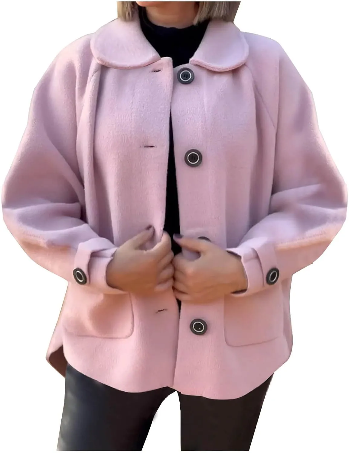 Women's Wool Coats Lapel Cropped Pea Coats Button Up Casual Jackets Trendy Winter Coats Peacoat Fall Outwear Overcoat