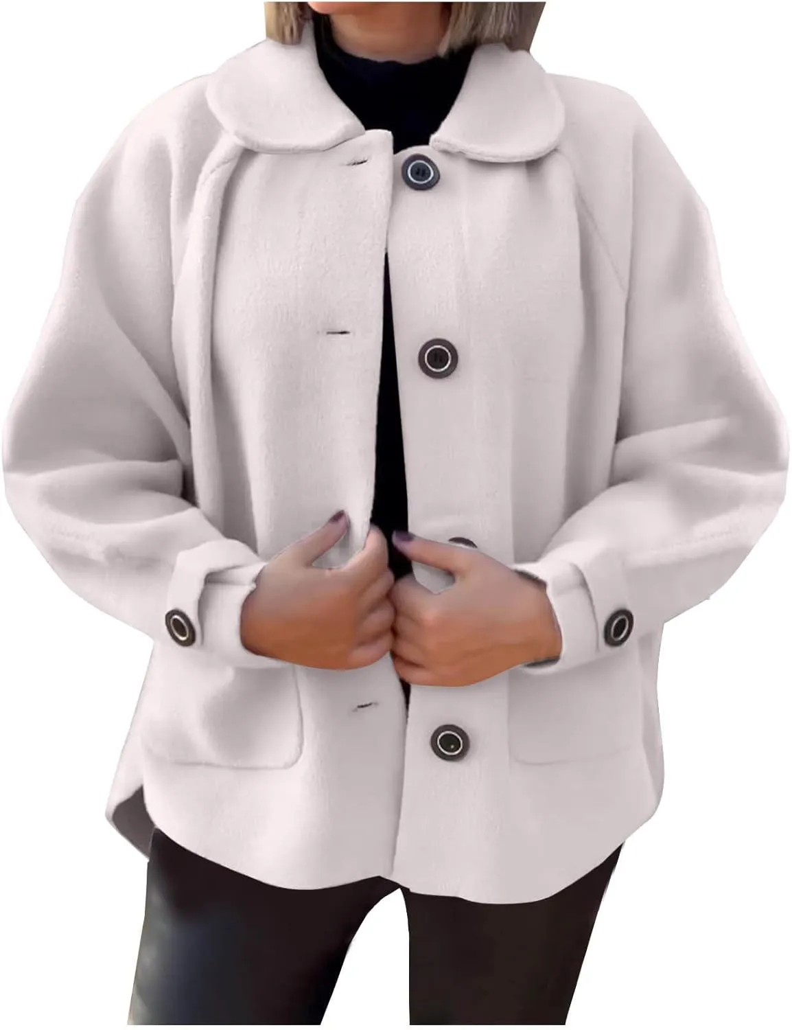Women's Wool Coats Lapel Cropped Pea Coats Button Up Casual Jackets Trendy Winter Coats Peacoat Fall Outwear Overcoat