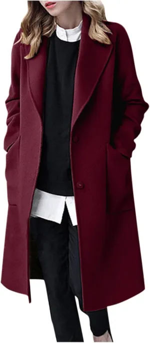Womens Wool Coats Midi Length Fall Winter Jackets Plus Size Pea Coats Elegant Dress Coats with Pockets Autumn Outwear
