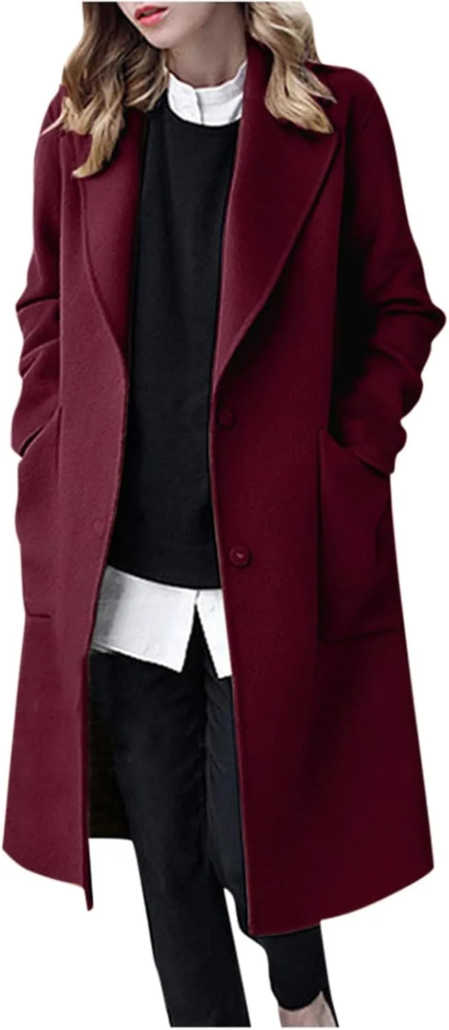 Womens Wool Coats Midi Length Fall Winter Jackets Plus Size Pea Coats Elegant Dress Coats with Pockets Autumn Outwear