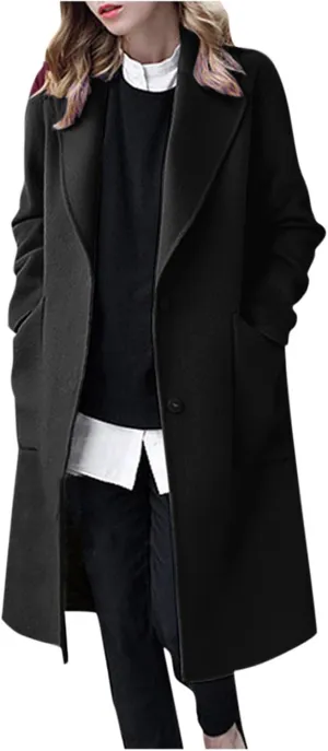 Womens Wool Coats Midi Length Fall Winter Jackets Plus Size Pea Coats Elegant Dress Coats with Pockets Autumn Outwear