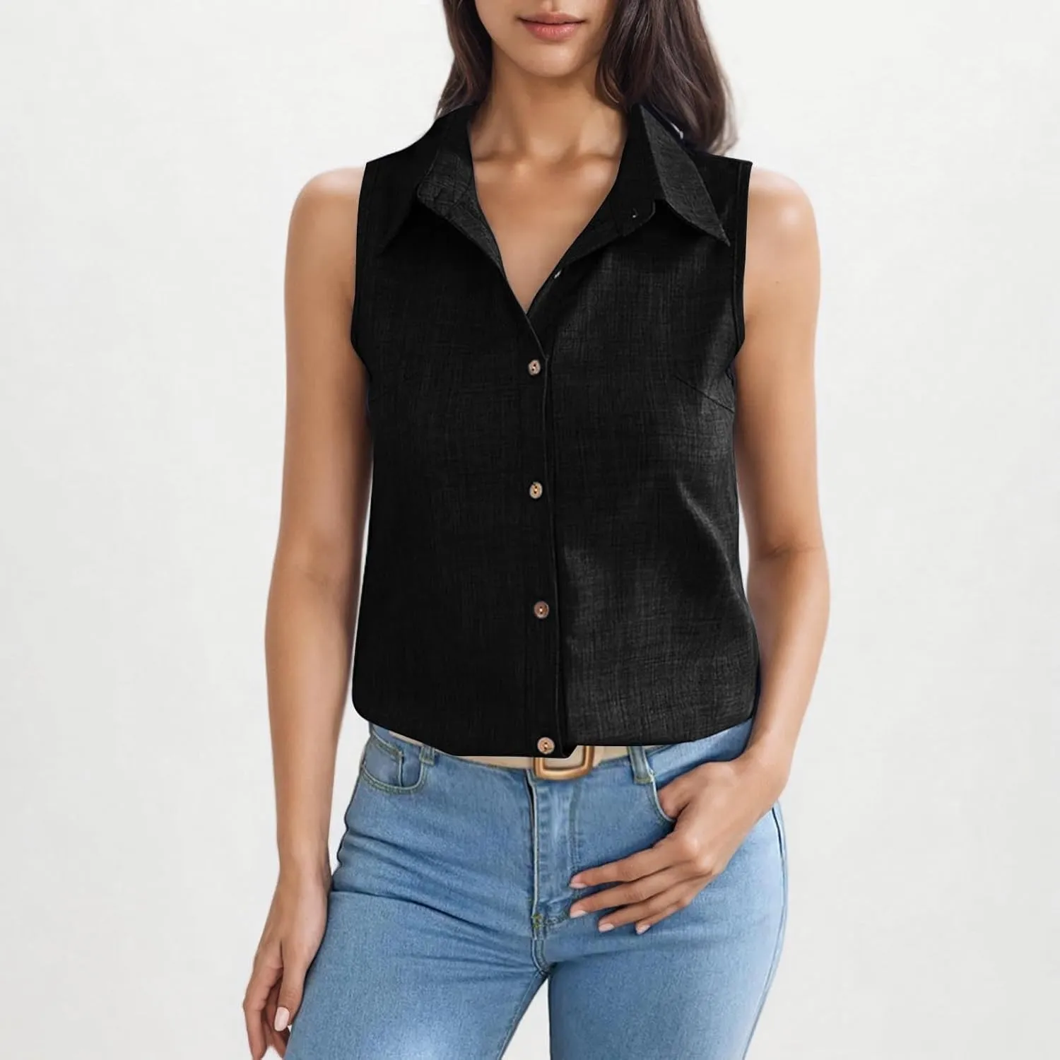Women's Work Tops Button Down Linen Shirts Sleeveless Summer Blouses Business Casual Tshirts Trendy Tank Tops