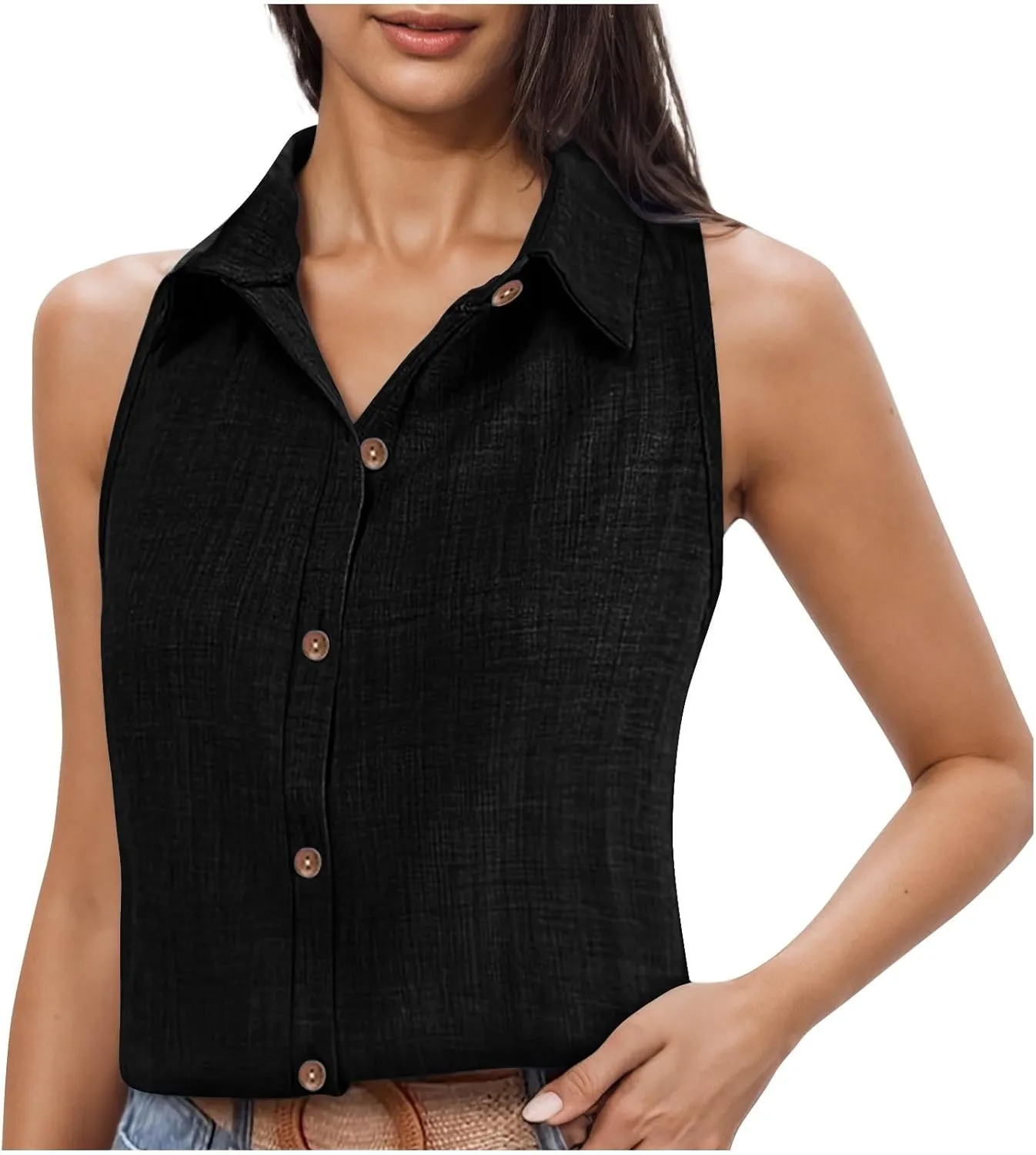 Women's Work Tops Button Down Linen Shirts Sleeveless Summer Blouses Business Casual Tshirts Trendy Tank Tops